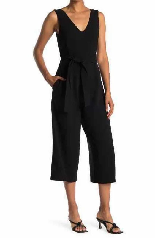 Women's Outfit For The Office Seasonal Sale Torela Crop Wide Leg Waist Tie Jumpsuit In Black Women's Outfit For The Office Seasonal Sale Torela Crop Wide Leg Waist Tie Jumpsuit In Black